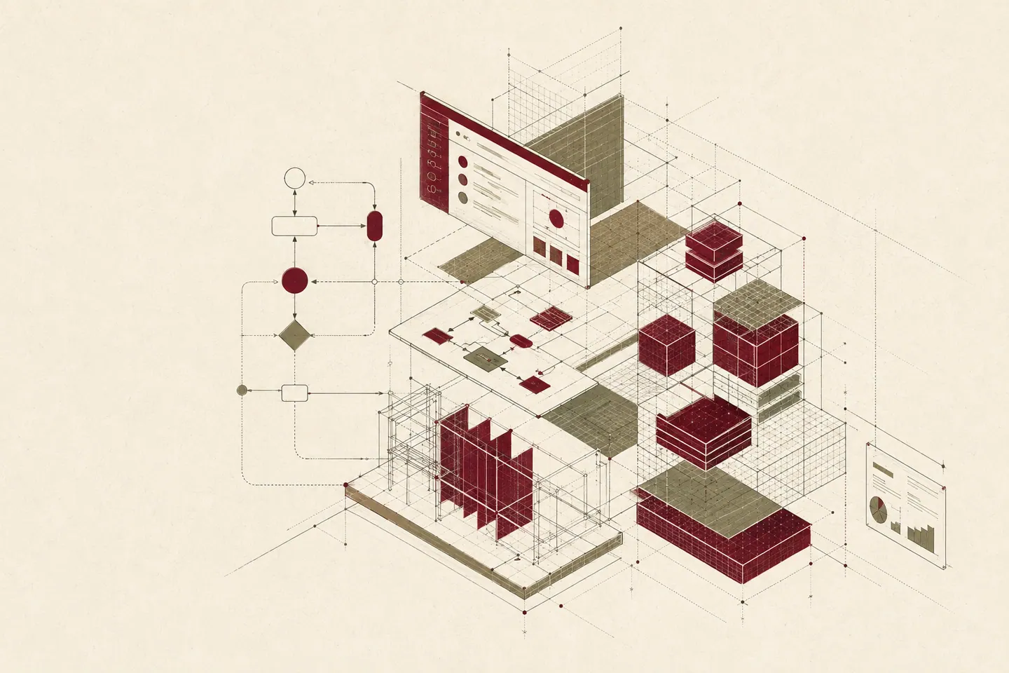 Conceptual software system made of connected product, workflow, and data layers.